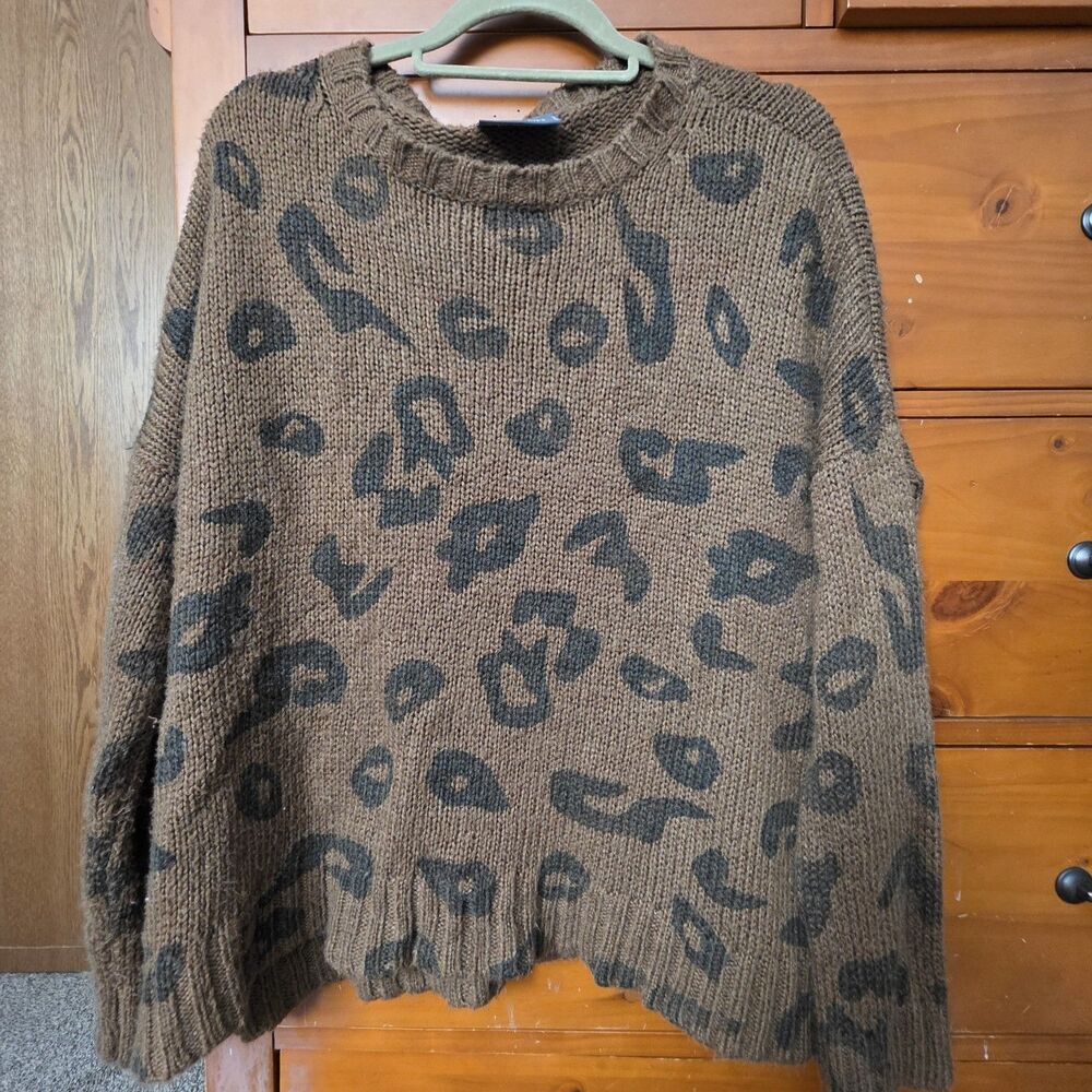 Wooden Ships Leopard Print Sweater Size Medium Brown Black Pullover Boxy Loose
